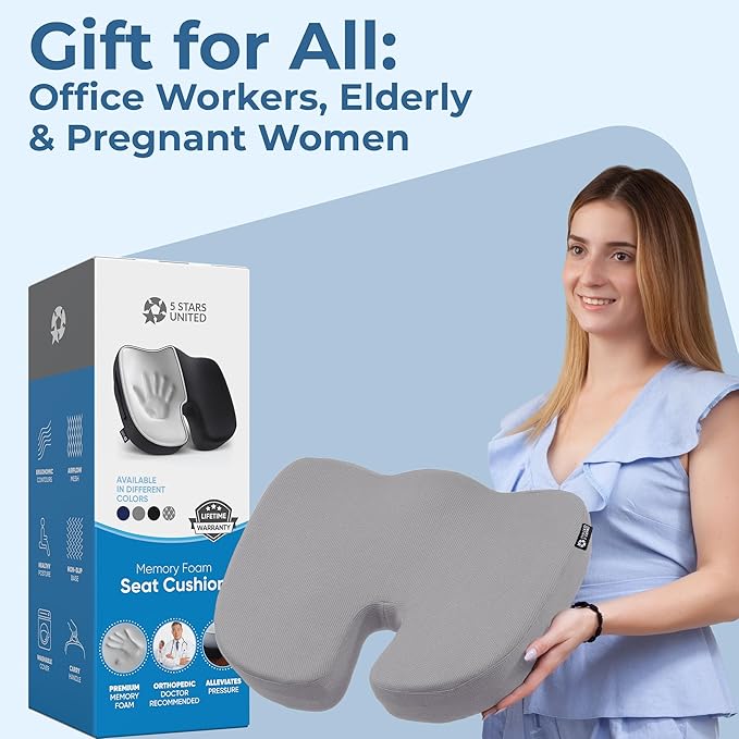 5 STARS UNITED Seat Cushion for Tailbone Pain Relief โ Memory Foam Lifting Pillow for Coccyx, Hip, Hemorrhoid, Sciatica & Post-Surgery Recovery โ Wheelchair, Car, Desk, Gaming & Office Chairs, L Gray