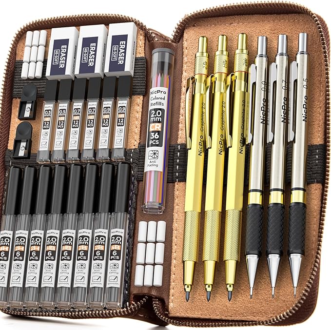 Nicpro 30PCS Art Mechanical Pencils Set in Leather Case, Gold Metal Drafting Pencil 0.5, 0.7, 0.9 mm, 2mm Lead Pencil Holder for Sketching Drawing With 16 Tube (6b 4B 2B HB 2H 4H Colors) Lead Refill