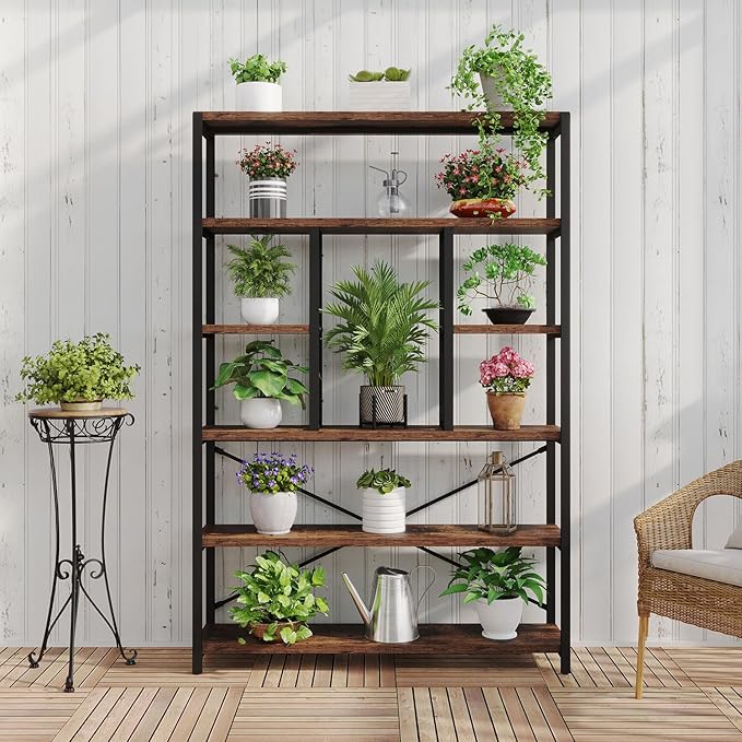 LVB Rustic Bookcases and Book Shelves, Metal Wood 6 Tier Bookshelf and Book Rack Storage, Industrial Vertical Display Etagere Book Case 6 Shelf, Vintage Large Book Shelf for Bedroom Living Room, Brown