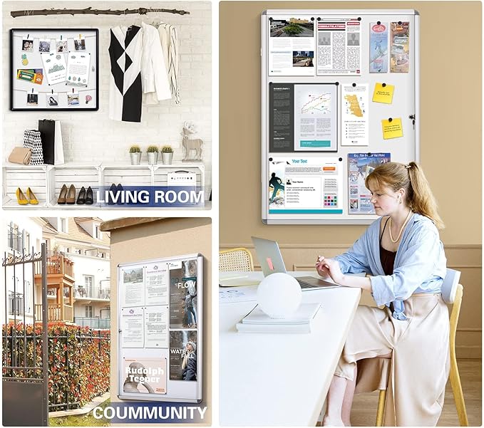 SWANCROWN Enclosed Bulletin Board Magnetic Dry Erase Noticeboard Lockable Display Boards White with Aluminium Frame 26x20inch(4xA4)