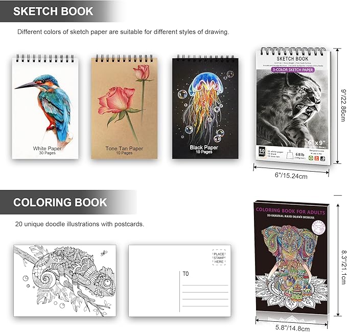 HIFORNY 100 PCS Drawing & Sketching Set, Professional Art Supplies with Graphite,Charcoal, Colored,Watercolor,Metallic Pencils,Blending Tools,Sketchbook and Coloring Book in Zipper Case (Grey)