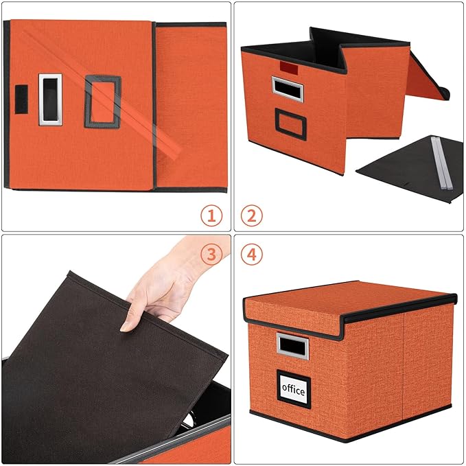 Huolewa Portable File Organizer Box with Lid, Large Linen Hanging Office Document Storage Box with Lid, Collapsible Filing&Storage Box for Office/Decor/Home - 14.9 x 12.7 x 10.8 inch
