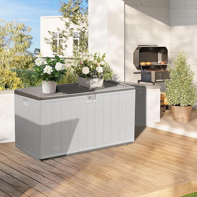 110 Gallon Pro Outdoor Storage Box Waterproof Lockable Deck Box Large, Patio Storage Bin for Pool Accessories Cushion Furniture, Garden Tools, UV-Resistant Outside Delivery, Grayish Brown