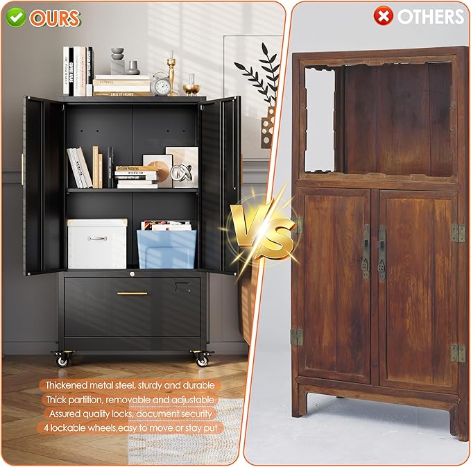 Aobabo Metal 1 Drawer Office File Cabinet with Lock and 2 Doors, Office Steel Files Cabinet with Wheels, Legal/Letter A4 Size, Assembly Required, Black