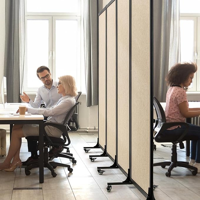 Upgrade Version Room Partition and Divider, Freestanding Rolling Dividers with Wheels,Office Privacy Screen Divider Wall,Classroom Felt Dividers,10'6"L* 6'7"H,5 Panel,Beige