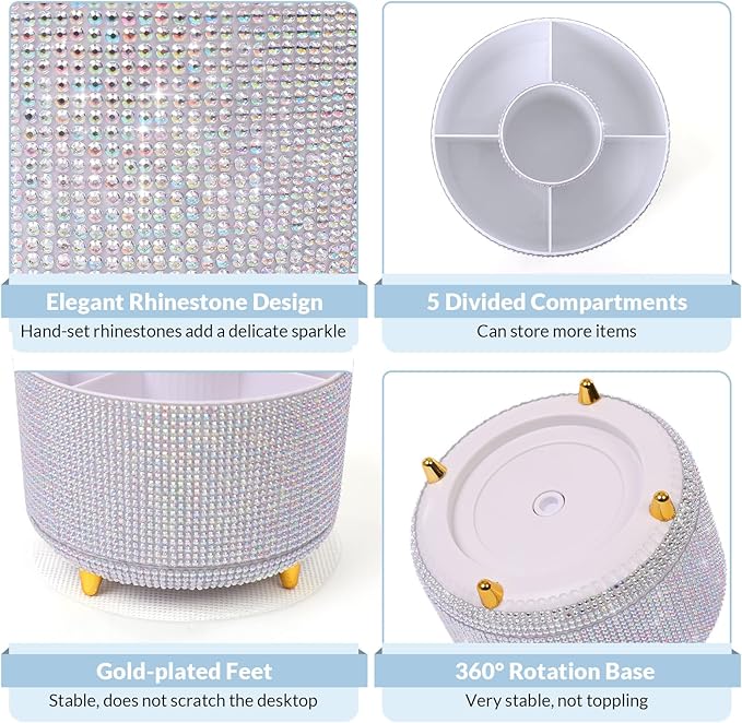 SKYDUE 360 Degree Rotating Desk Organizer, Shining Dual-Purpose Rhinestone Pencil Pen Holder, Rotating Desk Pen Organizer with 5 Slots, Rhinestone Pencil Cup for Office, School, Home