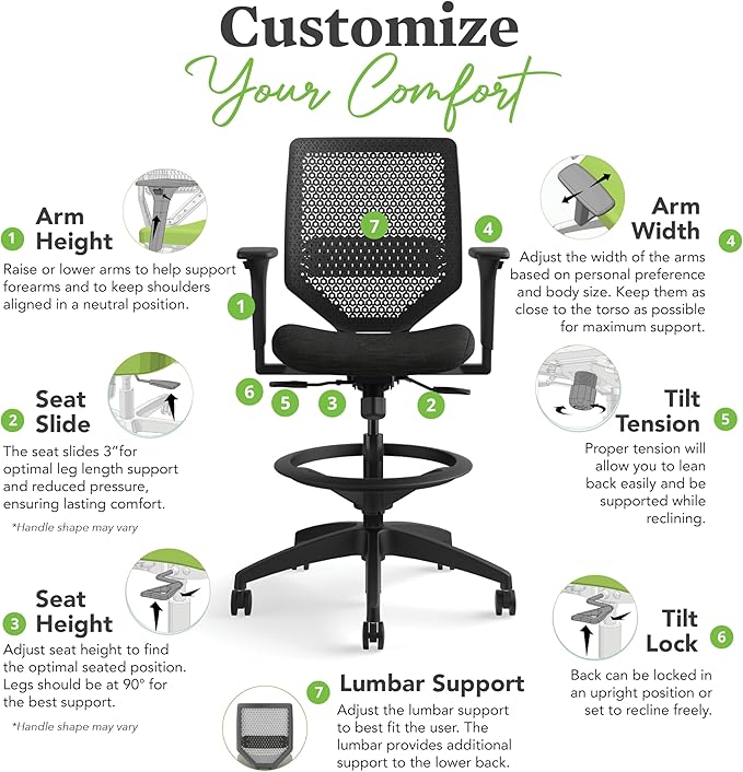 HON Solve Standing Desk Chair, ReActiv High Back Support, Office Chair with Foot Rest, Ergonomic Office Chairs, Adjustable Height