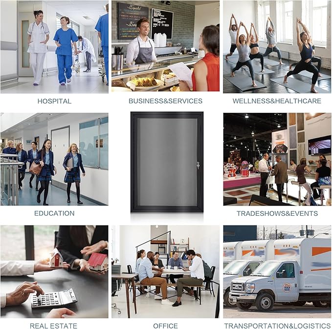 Enclosed Bulletin Board Outdoor Noticeboard with Locking Door, Weather-Resistant, Grey Felt, Black Aluminum Frame, 36 x 24 in