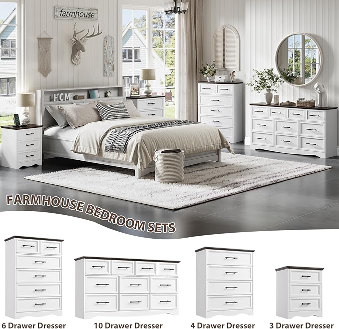 White Nightstand with Charging Station, 19.7" Farmhouse End Table with 3 Drawers Storage, Bedside Table with Brushed Metal Handles, Unique Base Design, 3 Drawer Dresser for Bedroom, Living Room