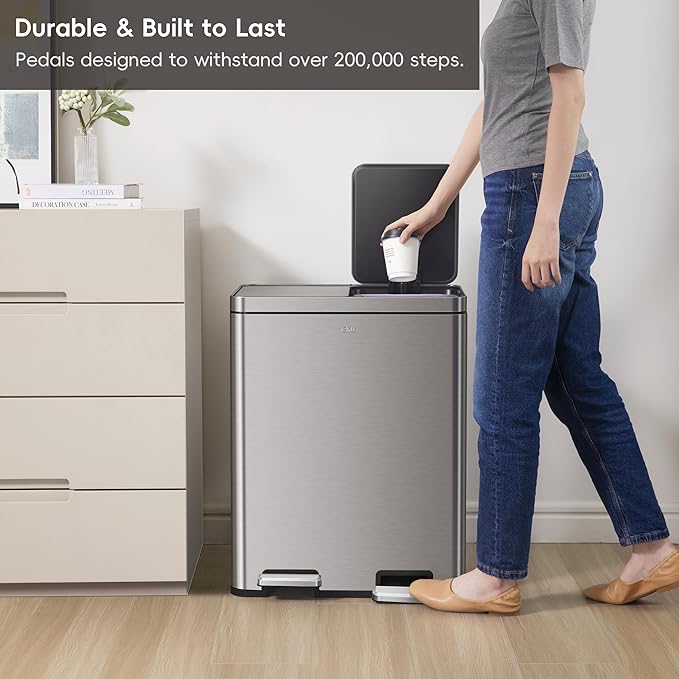 EKO Edison Dual Trash Can for Recycling and Trash, 8+8 Gallons Kitchen Garbage Can with Dual Removable Inner Liners, Independent Lids and Pedals, Matte Stainless Steel