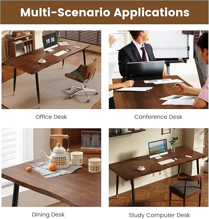 Solid Wood Desk 55 inches, Home Office Computer Desk Wooden Rustic Writing Desk Metal Modern Simple Design Executive Real Wood Desk(Walnut)