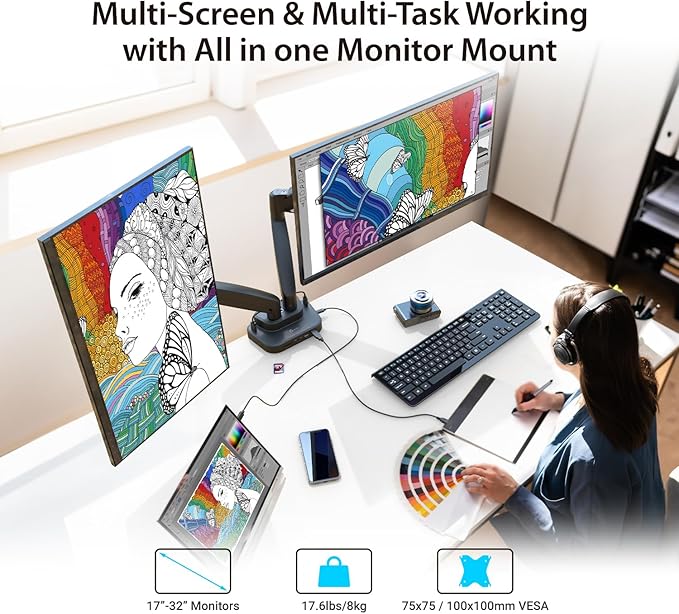 j5create Dual Monitor Mount with 10-in-1 Docking Station, Fully Adjustable Monitor Desk Stand for 2 Screens up to 32 inch, Conveniently Set Optimal Angle and Maximize Productivity (JTSA302)