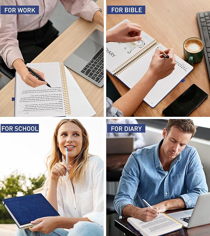 A4 Spiral Notebook Journal 8.5” x 11”, 256 Numbered Pages Hardcover Leather Journals for Women Men, Large Lined College Ruled Notebooks, 100GSM Thick Paper, Spiral Bound Journal for Work School, Navy