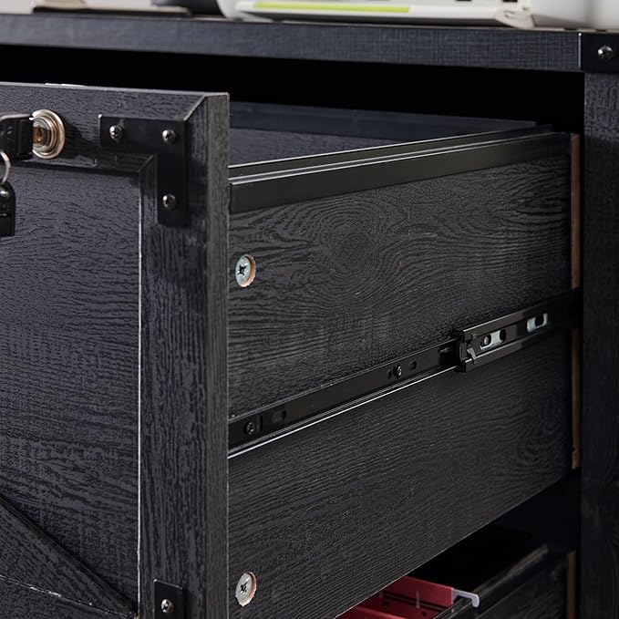 JXQTLINGMU 2 Drawer Farmhouse File Cabinet, Lateral Filing Cabinet with Lock for Home Office, Compatible Legal Letter A4 F4 Size, Black