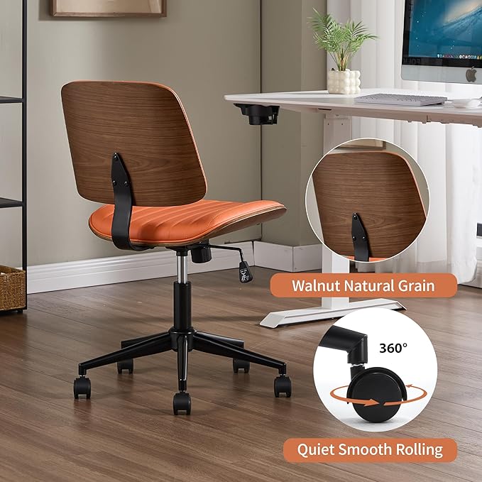 Small Home Office Chair - Armless Mid Back Desk Chair with 360° Swivel and Wheels, PU Upholstered Height Adjustable Modern Walnut Computer Chair for Home, Office Meeting Room - Orange