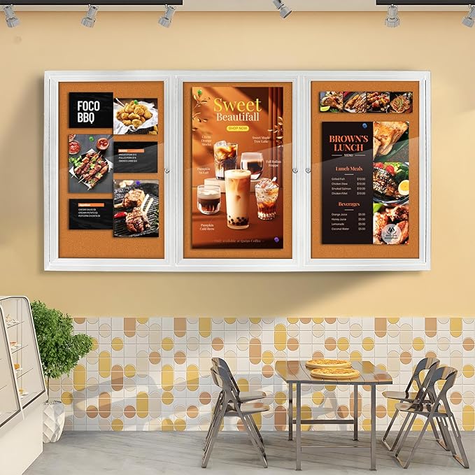 Lockable Outdoor Enclosed Bulletin Board, Weatherproof Cork Noticeboard with Locking Door, Wall-Mounted Aluminum Silver Framed Display Case for Messages,70x36 Inch