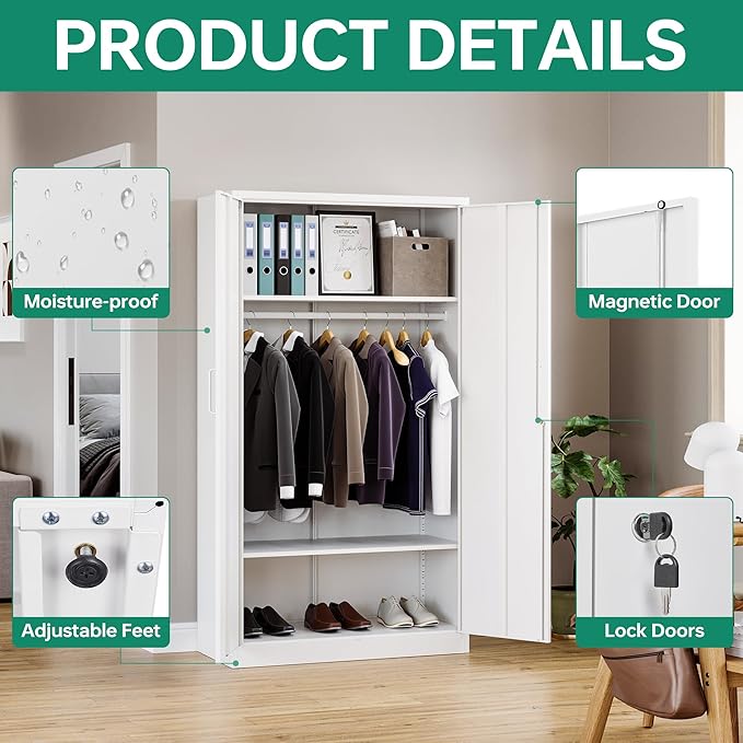 Letaya Metal Wardrobe Cabinets with Lock,Clothing Locker 72" X 36" X 18" Storage Cabinets for Home Room,Fire Department, School, Employee,Gym,Government (White)