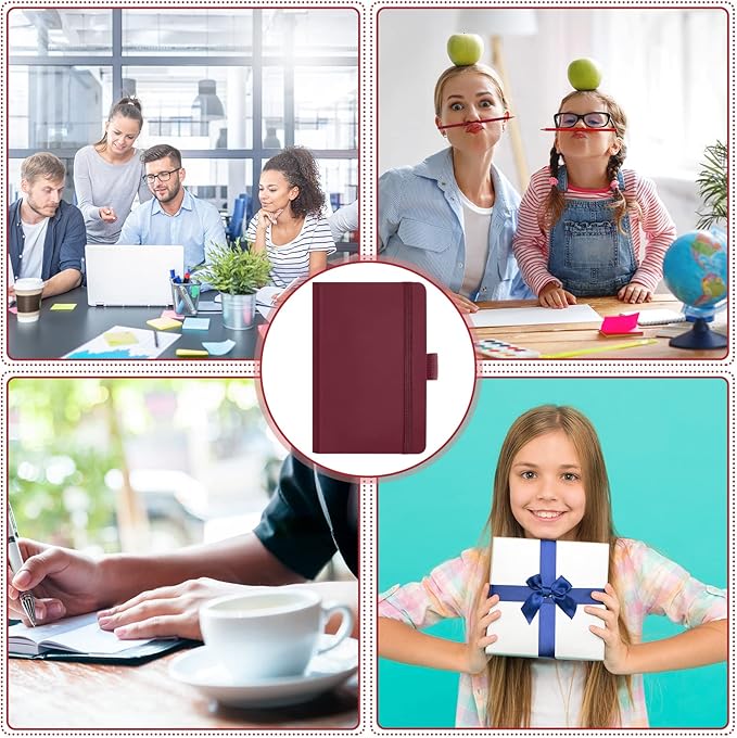 40 Pieces Small Notebooks A6 Pocket Journals 3.5 x 5.5 Inch Small Leather Notebook Mini Ruled Lined Journal with Elastic Band Pen Holder Page Marker Ribbons (Wine Red)