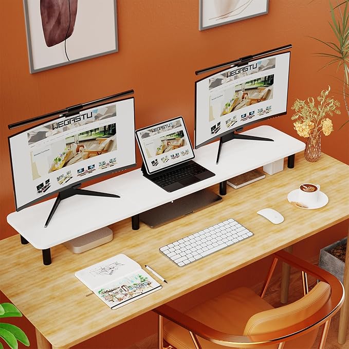 Dual Monitor Stand Riser 43.7 inch Large Extra Long Monitor Stand Riser Wide TV Stand Riser Monitor Stand for 2 Monitors Wood & Steel Leg Desktop Riser Desk Organization Home Office (White)