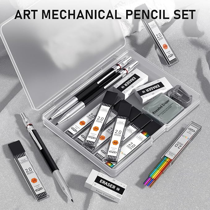 Four Candies 3PCS 2MM Mechanical Pencils with case, Artist Led Pencil Metal Lead Holder with 120 Graphite Lead Refills(HB 2H 2B 4B Color), 4 Erasers, Sharpener, Drafting Pencil for Drawing, Sketching