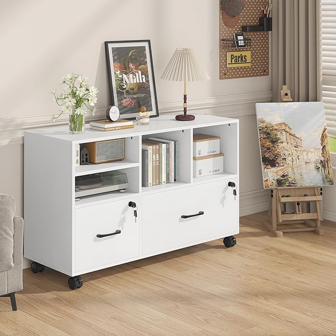 2 Drawer Wood Mobile Large Lateral File Cabinet with Lock, Lockable Rolling Filing Cabinet with Storage Shelves, Printer Stand Office Storage for Home Office Fits Files Legal/A4,White