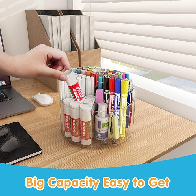 Acrylic Pen Holder, 360 Degree Rotating Pen Organizer, Rotating Desk Acrylic Office Organizer with 6 Compartments, Marker Organizer for Kid, Crayon Caddy School Art Supply Storage Organizer