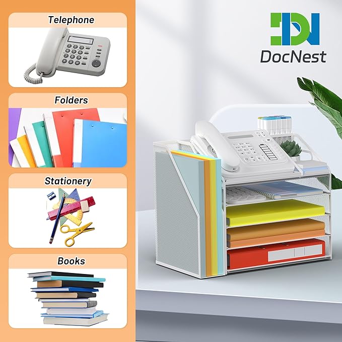 DocNest 5 Tier Paper Letter Tray File Organizer, Mesh Desk File with Handle, Workspace Desk Organizers with Pen Holder, Office Organization Storage Accessories - White