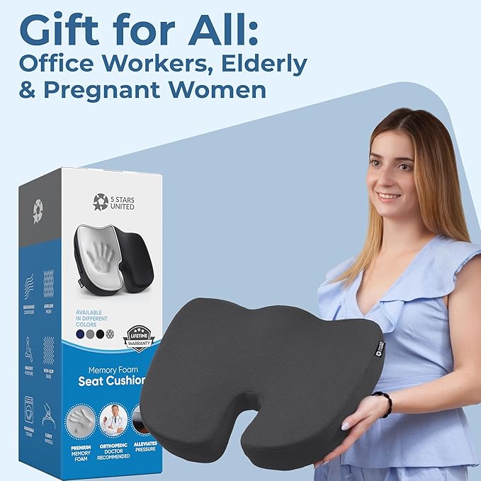 5 STARS UNITED Seat Cushion for Tailbone Pain Relief โ Memory Foam Lifting Pillow for Coccyx, Hip, Hemorrhoid, Sciatica & Post-Surgery Recovery โ Wheelchair, Car, Desk, Gaming & Office Chairs, D Gray