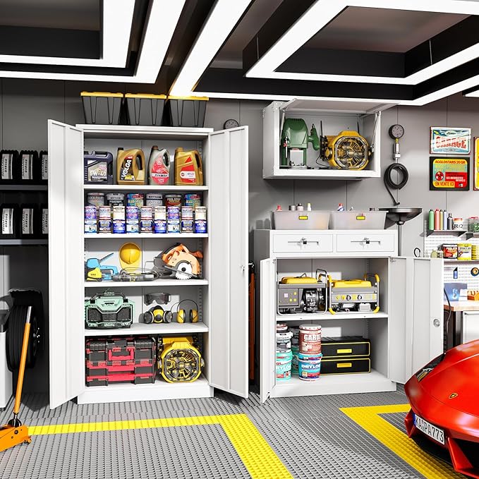 Greenvelly Metal Storage Cabinet, 42' White Steel Garage Cabinet with 2 Doors, Adjustable Shelves, Locking for Office, School or Tool Organization