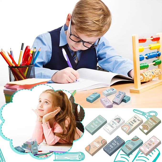 200 Pcs Back to School Inspirational Erasers Bulk Gifts Boho Everyone is Welcome Classroom Decor Fun Rainbow Motivational Pencil Erasers for Classroom Office Teacher Artists Prize Reward