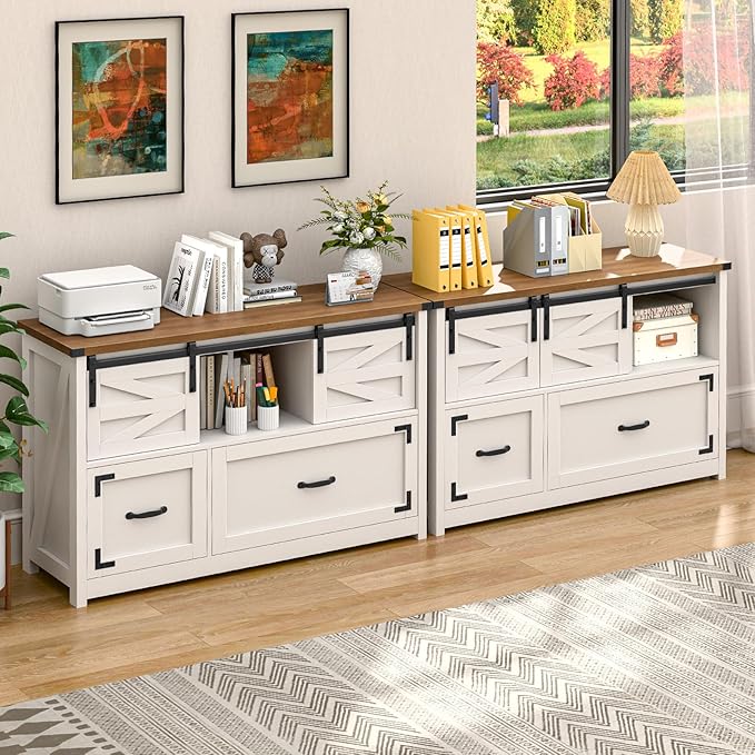 Lateral File Cabinets 2 Drawer with Sliding Barn Doors, Farmhouse Filing Cabinet with 2 Drawer for Home Office,Filing Organization Storage Cabinets for Hanging Files Letter/Legal/F4/A4.(Brown.)