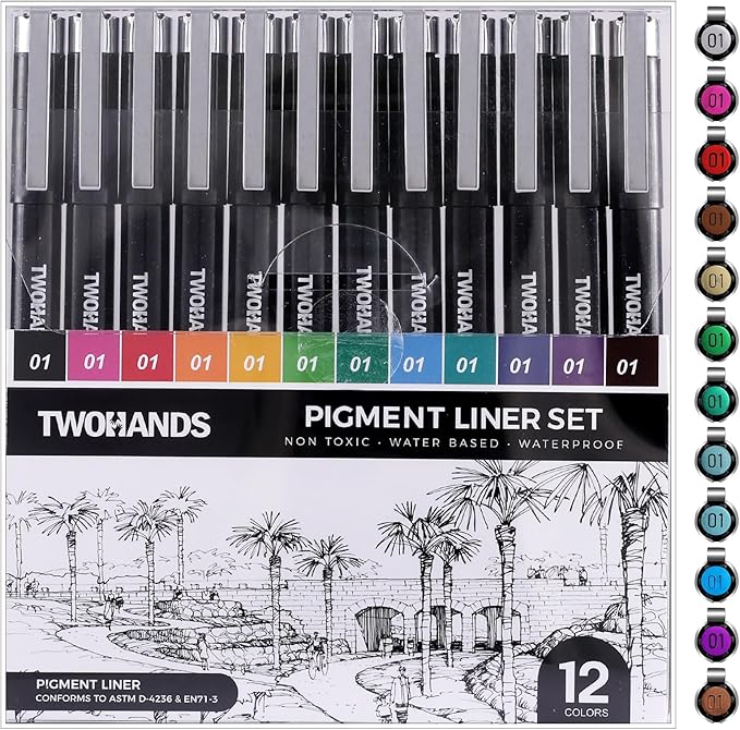 TWOHANDS Micro Pens 01,Art Pens,Fineliner Ink Pens,Set of 12 Technical Drawing pen,Pigment Pen,Fine Point,colord,Waterproof,for Art Watercolor,Sketching,Anime,Manga, 21281