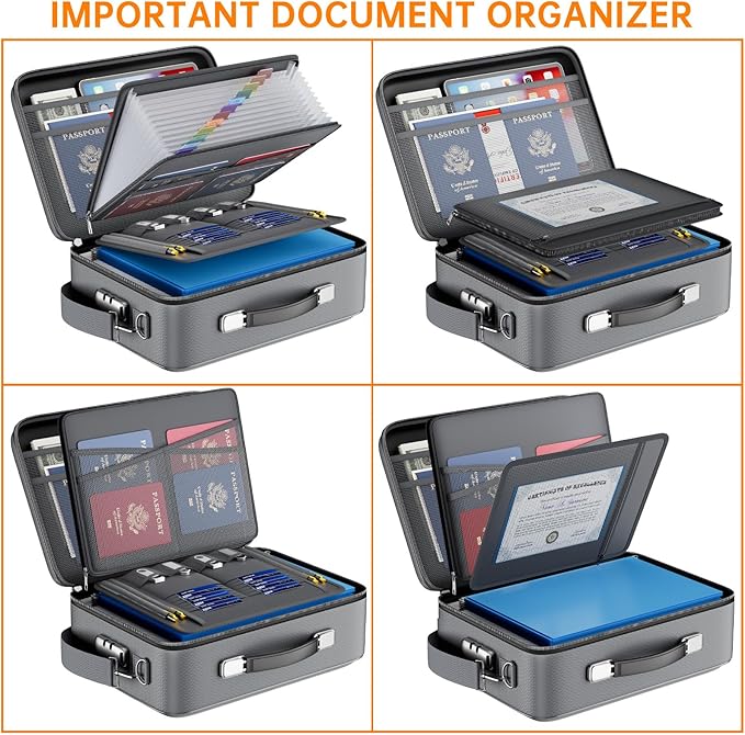 DocSafe Fireproof Document Box with Lock&Shoulder Strap,Hard Case File Organizer with Accordion File Folder,Multi-Layer Portable Home Office Travel Safe Storage for Important Documents Laptop Gray