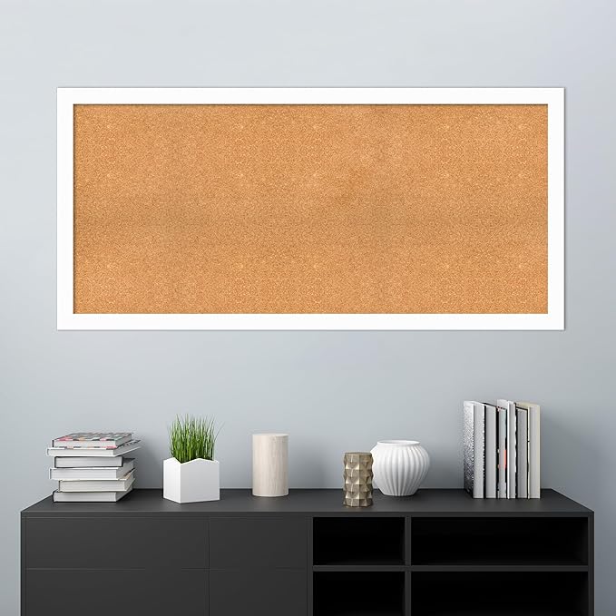 Amanti Art Natural Cork Board for Wall, 29x61 Vision Board with White Frame, Oversize Corkboard Office Decor for Home Organization, Casual Corkboard Pinboard to Display Items for Home Organization in