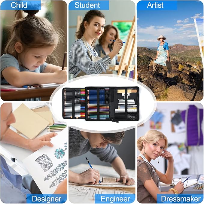 H & B 80-Pack Colored Sketching Art Pencil Set with 3-Color Sketchbook and Coloring Book - Includes Graphite, Watercolor, Metallic, and Oil-Based Colored Pencils