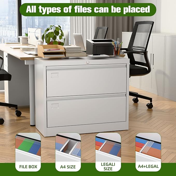 Aobabo 2 Drawer Lateral File Cabinet, Lockable Metal Filing Cabinet with Name Card, Suitable for Home Office School Hanging Files Letter/Legal/F4/A4 Size,Required-Assembly,White