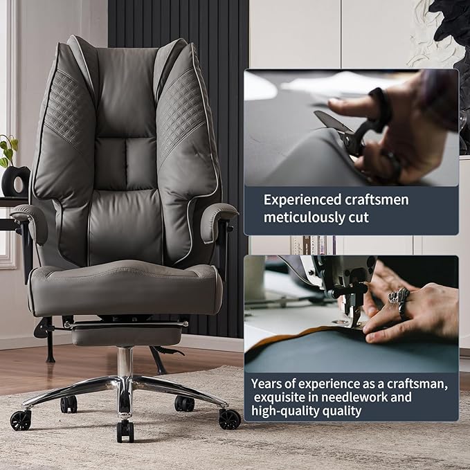 Big and Tall Office Chair 400lbs Wide Seat, Leather High Back Executive Office Chair with Foot Rest, Ergonomic Chairs Lumbar Support for Lower Back Pain Relief (Grey)