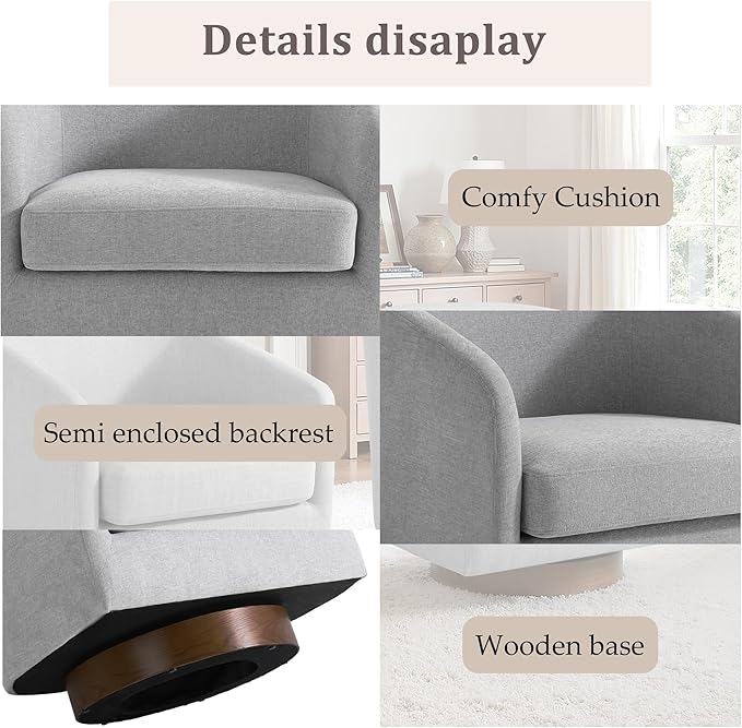 UIXE Swivel Accent Chair with Wood Base, Chenille Upholstered Barrel Chairs for Living Room, Comfy Round Armchair Single Sofa Bedroom Reading Seat - 31" W, Light Gray