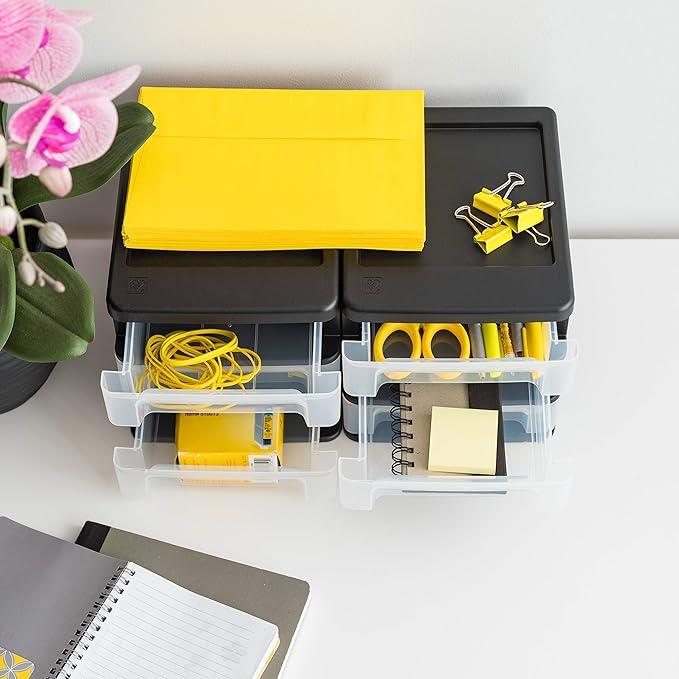 IRIS USA Plastic Stacking Desk Top 3-Drawer Storage Organizer, 4-Pack, for Makeup Vanity Nail Polish Bathroom Stationery Art Craft Supplies Kitchen Office Garage and Small Organization, Small, Black