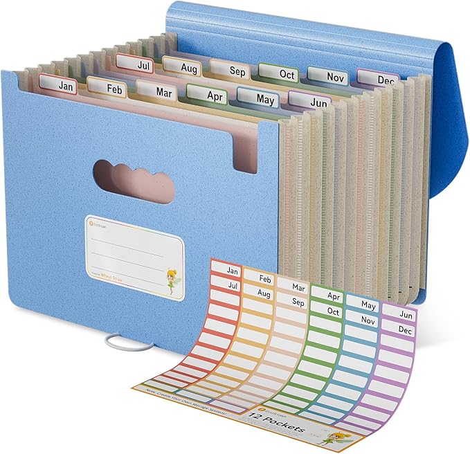 Accordion File Organizer, 12 Pockets Wheat Straw Expanding File Folder, Portable Monthly Paper Bill Tax Receipt Organizer, Letter A4 Size Document Holder,Green Office with Colorful Tab,UN Blue