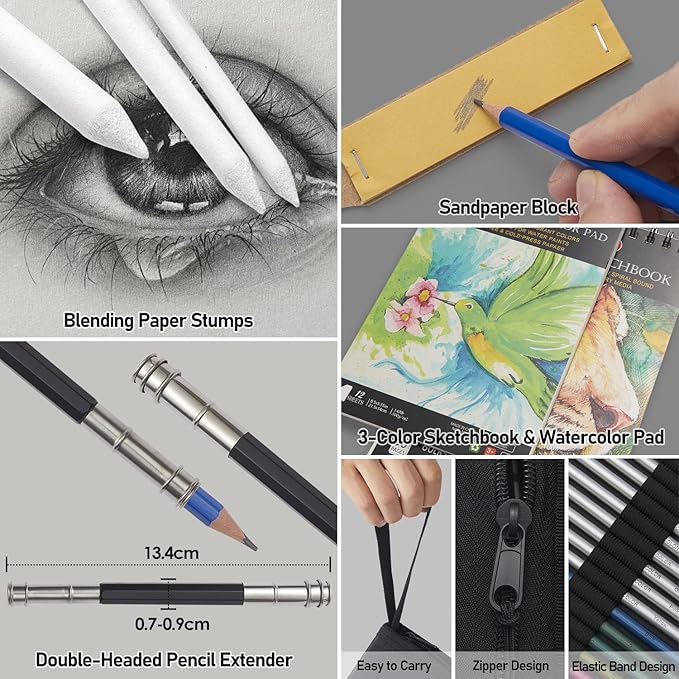 PANDAFLY 80 Pack Drawing Set Sketching Kit, Pro Art Supplies with 3-Color Sketchbook, Watercolor Pad, Colored, Graphite, Charcoal, Metallic Pencil, for Artist Adults Kids Beginner