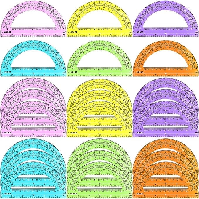 EBOOT 24 Pack Plastic Protractors Math Protractor 180 Degrees 6 Inch (Multi Colors)