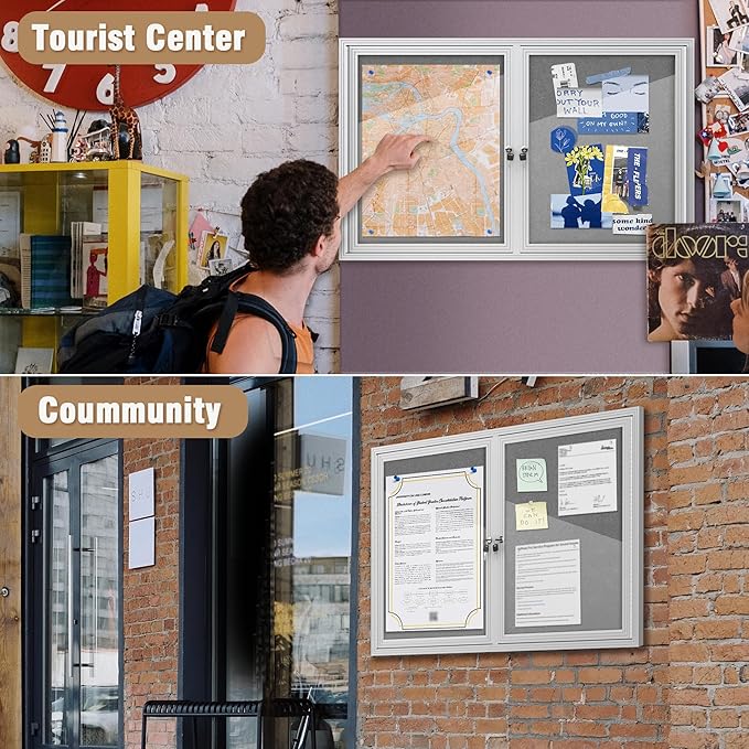 48"x30" Enclosed Bulletin Board, Outdoor Lockable Weather-Resistant Aluminum Cork Noticeboard for School & Office, Silver Frame w/Grey Flet