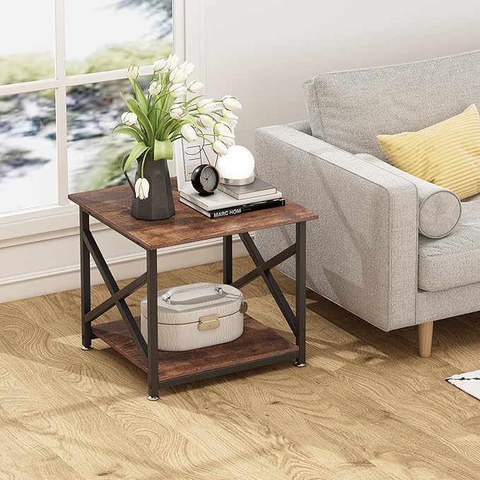 Large Printer Stand, 23.6 x 23.6 x 22.6 Inches Square Printer Table with Storage Shelf, 2 Tier Rolling Printer Cart with Industrial Wheels for Home Office - Rustic Brown