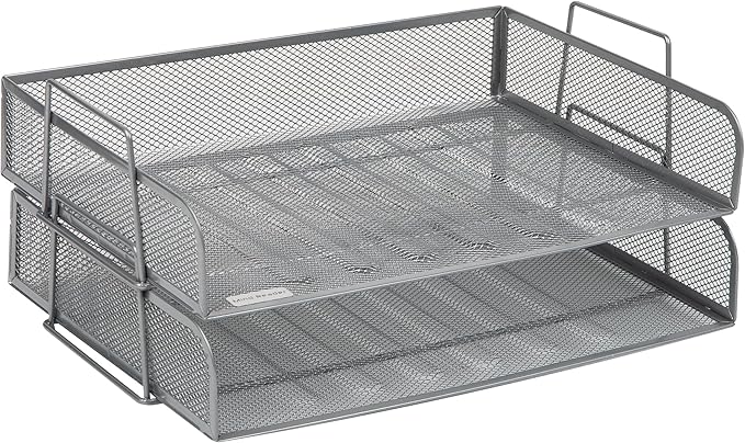 Mind Reader Stackable Paper Tray, Desktop Organizer, File Storage, Office, Metal Mesh, 13.25" L x 9.75" W x 6.25" H, 2 Pcs., Silver