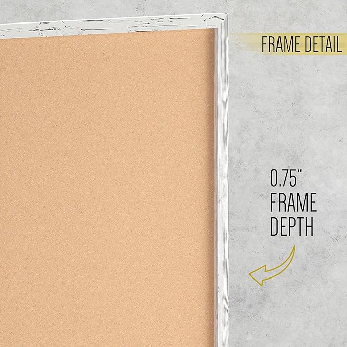 HBCY Creations Wall Mount Whitewashed Cork Board - 24" W x 36" H - 6 Wooden Push Pins - Solid Pine Wood Frame - for Kitchen, Classrooms, Restaurant Menus and More!