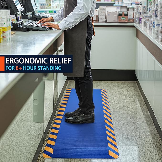 FEATOL Anti Fatigue Mats Industrial 2 Packs, Ergonomic Standing Floor Mat for Work for Stand, Blue with Yellow Border Safety 17" x 24"-Support for Leg & Back Pain