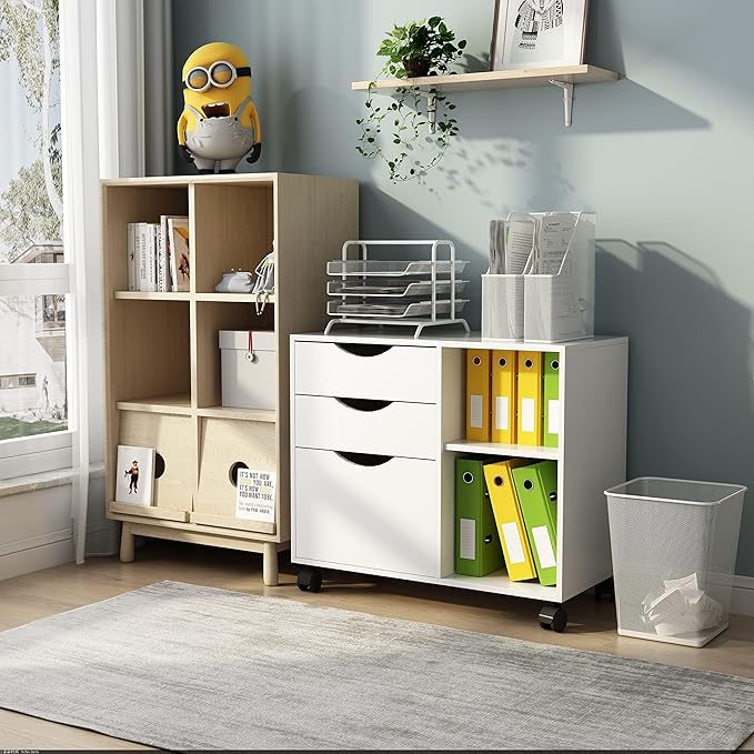 QDSSDECO 3-Drawer with Shelf Wood File Cabinet Mobile Lateral Filing Cabinet, with Rolling Wheel Printer Stand and Open Adjustable Storage Shelves, for Home Office, White