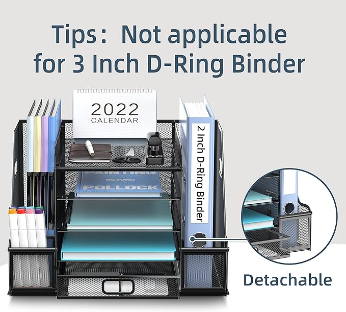 SUPEASY Mesh Desk Organizer with File Holder, 5-Tier Paper Letter Tray Organizer with Magazine Holder, Desktop Organizer and Storage with Drawer for Office Supplies Home or School, Black