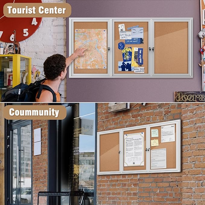 70"x34" Enclosed Bulletin Board, Outdoor Lockable Weather-Resistant Aluminum Cork Noticeboard for School & Office, Silver Frame w/Cork